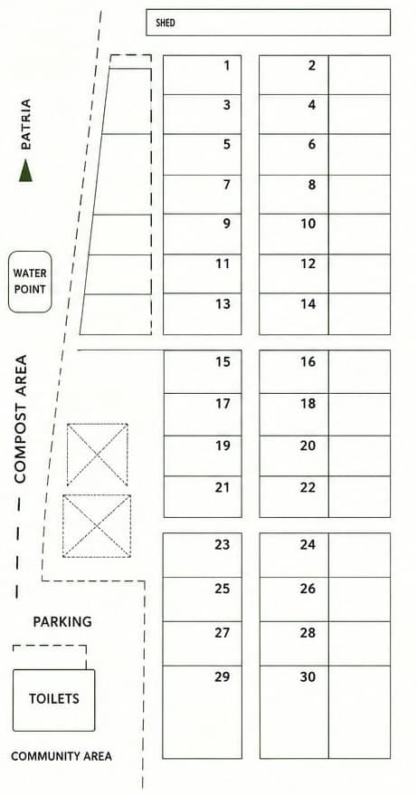 Allotment site map showing 30 plots, shed, water point, compost area, parking and facilities